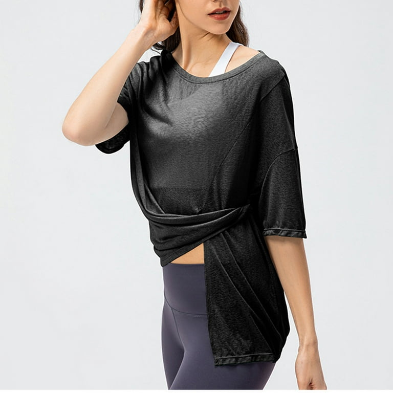 Womens Sports Yoga Shirts Casual Loose Quick Dry Short Sleeves Crewneck  Tops Side Split Breathable Workout Running Tees