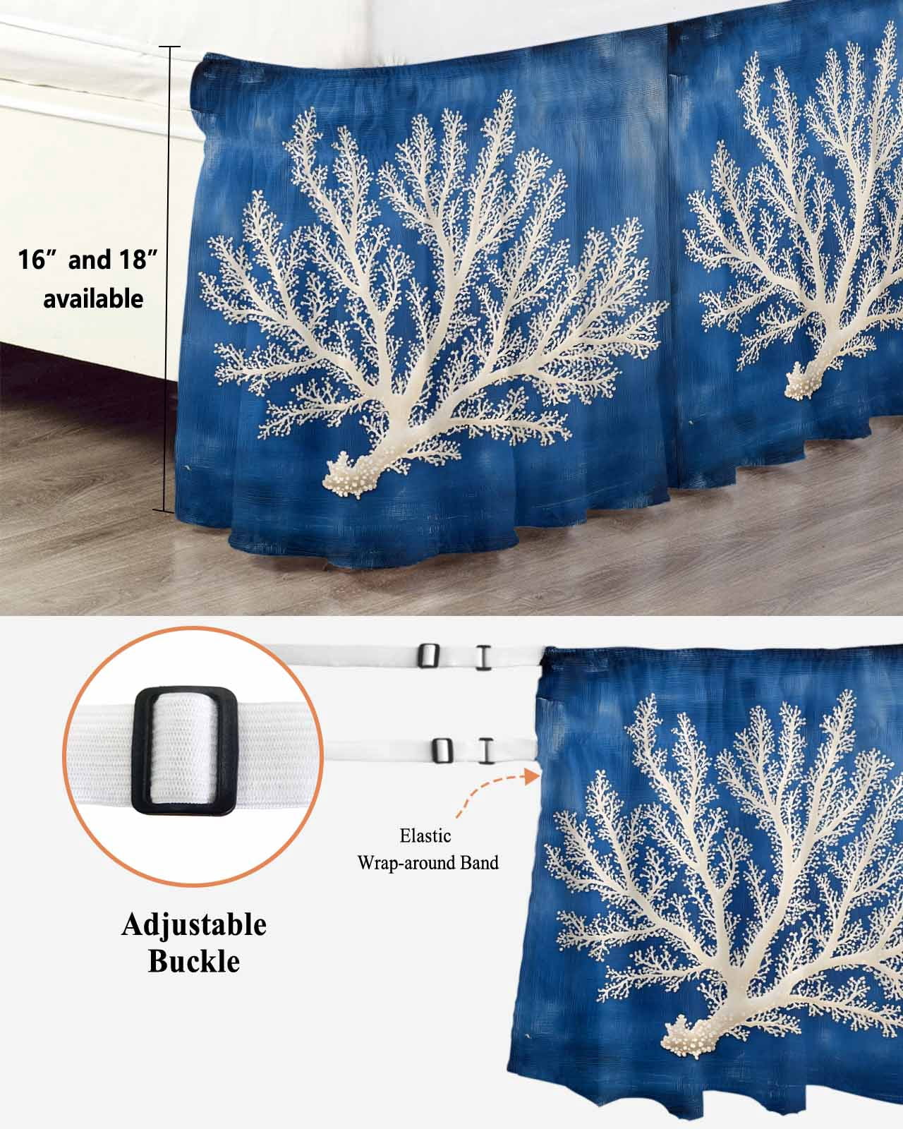 Coastal Coral Wrap Around Bed Skirts for Queen Bed 16" Drop,Bed Skirt with Adjustable Elastic Belt Dust Ruffle Bed Valance for Bedroom Hotel Luxury Oil Painted Summer Ocean Modern Art Bed Frame Cover