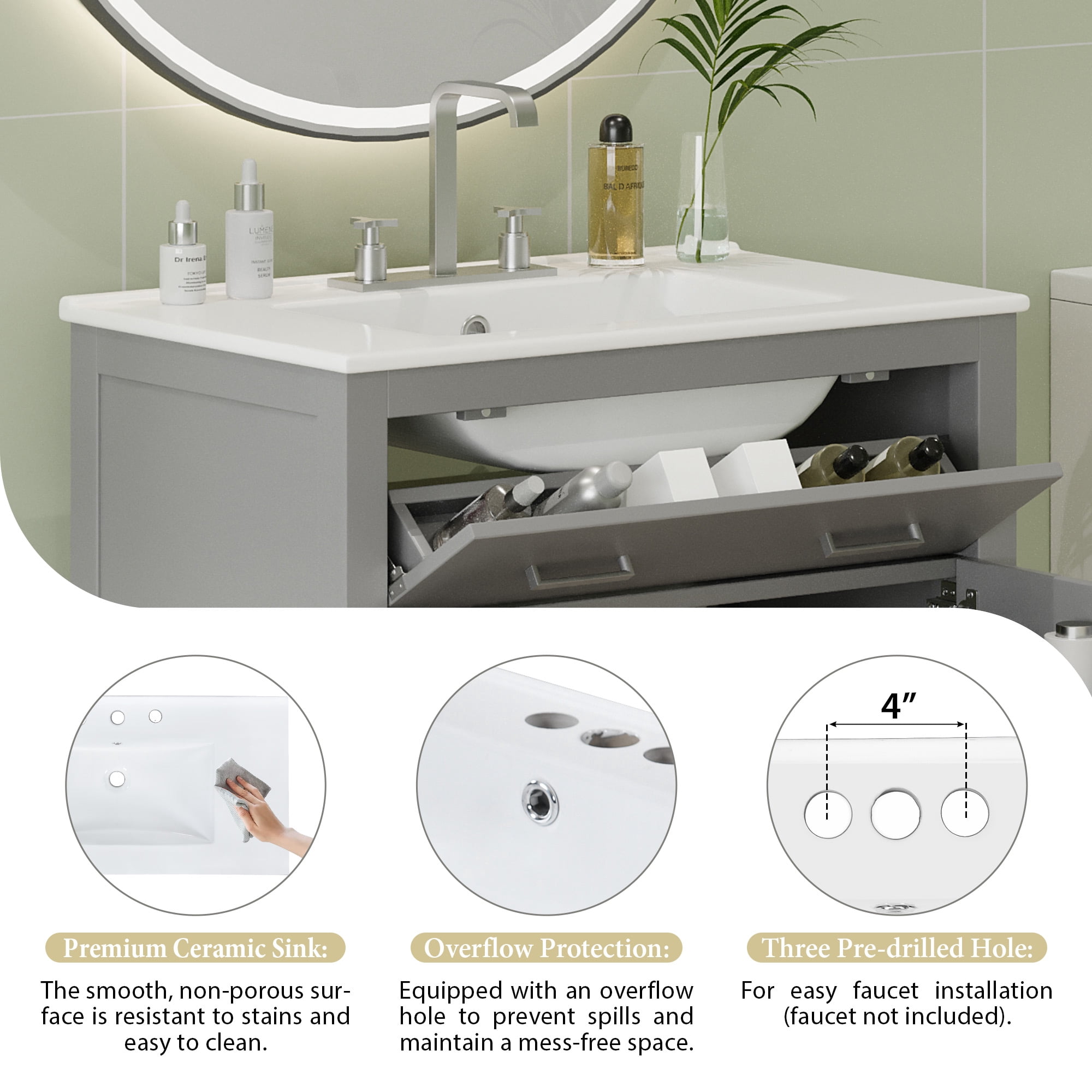 Euroco 30" Bathroom Vanity with Ceramic Sink – Solid Wood Frame, Soft-Close Doors, U-Shaped Adjustable Shelf,Compact Storage Cabinet for Small Bathrooms