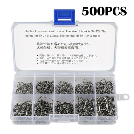 EEEkit 500 Pcs 10 Sizes Black Silver Fishing Fish hook Hooks, Comes with Retail Carrying Box Fishing Tackle set,Excellent Choice for Bait