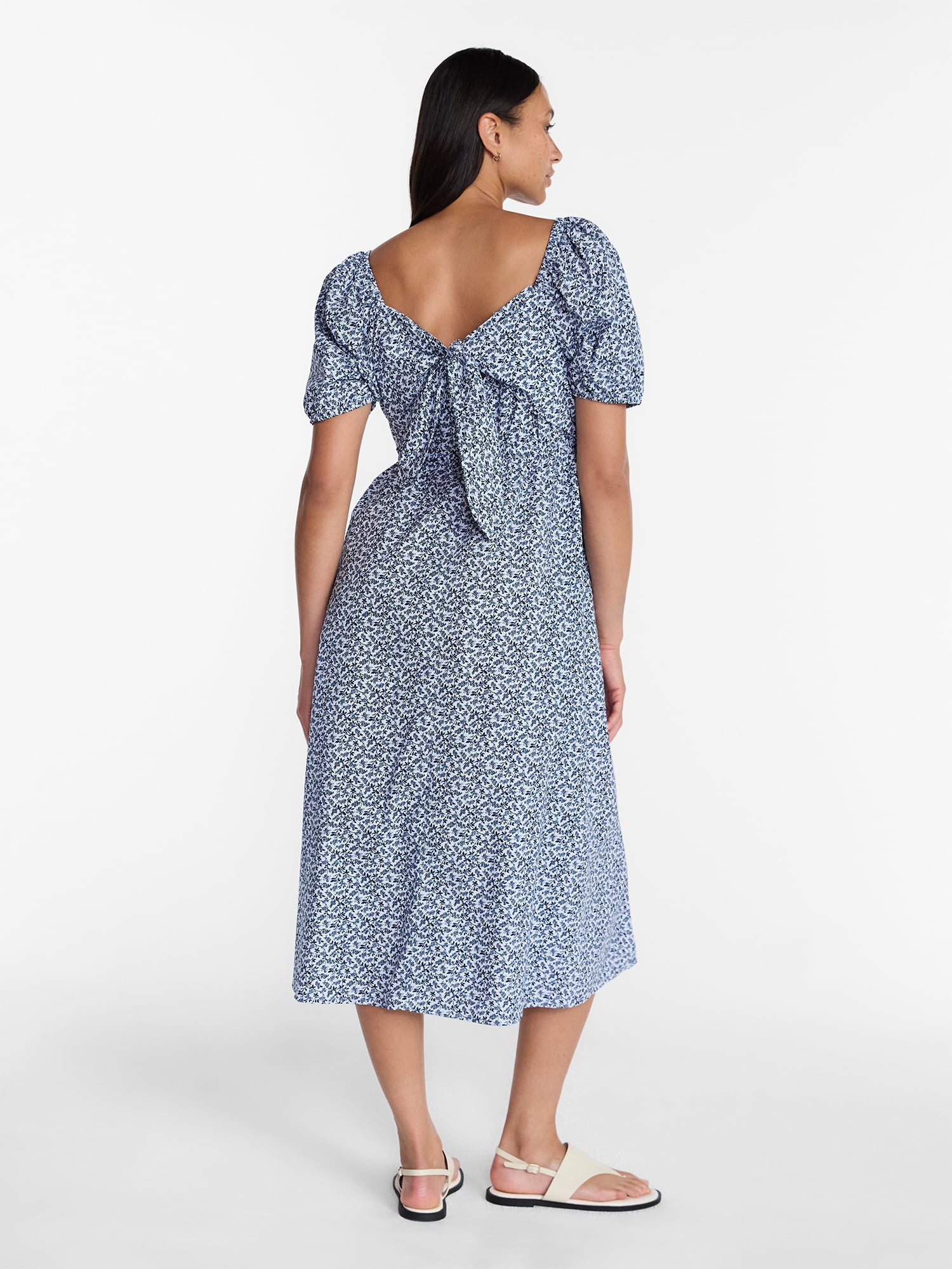 Time and Tru Women's and Women's Plus Cotton Back Tie Midi Dress with Short Puff Sleeves, Sizes XS-4X