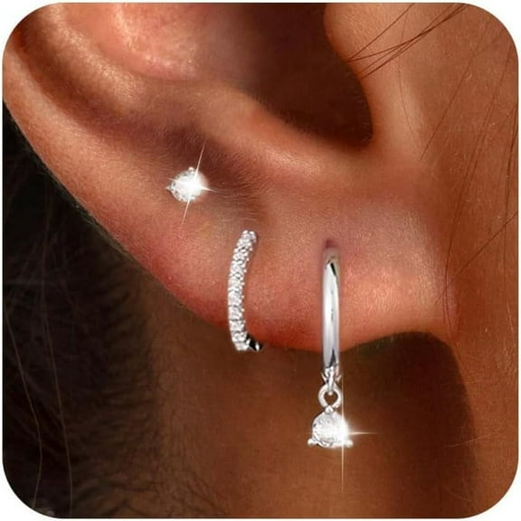 3 Pairs Silver Hoop Earrings Set: Dainty Stud Earrings Trendy Small 925 Sterling Silver Plated Hypoallergenic CZ Dangle Cartilage Huggie Earrings for Women Silver Jewelry for Women
