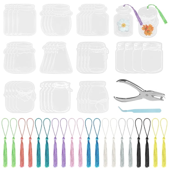 RETON DIY Dried Flower Bookmark Kit - 40PCS Clear Acrylic Mason Jar Blanks, 20PCS Colorful Tassels, Hole Punch & Tweezer, Craft Set for Book Lovers, Gift Tags & Party Favors
