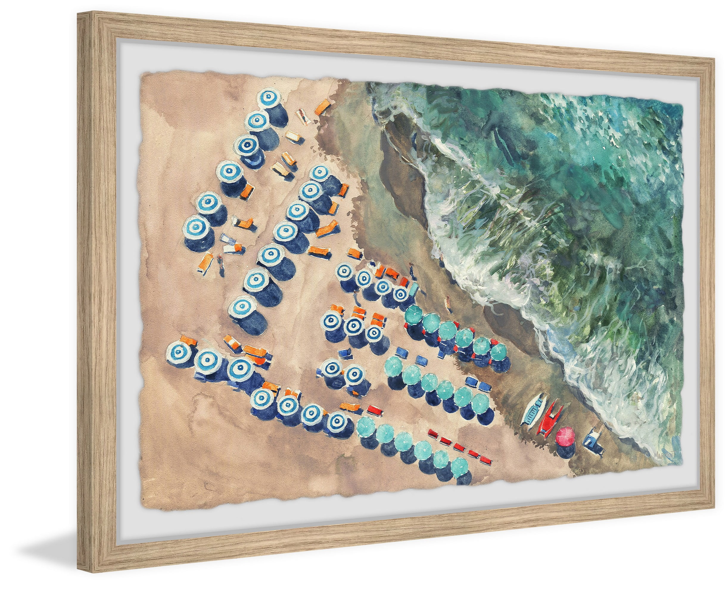 Marmont Hill Blue Beach Umbrellas Framed Wall Art, 1.50" x 18.00"