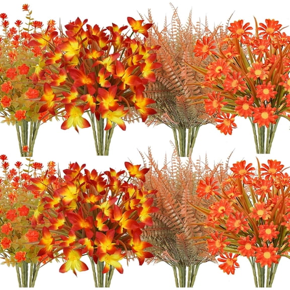16Pcs Artificial Fall Flowers Outdoor Fake Fall Plants UV Resistant Autumn Greenery Plastic Flowers Shrubs for Outside Porch Patio Garden Boxwood Thanksgiving Decor