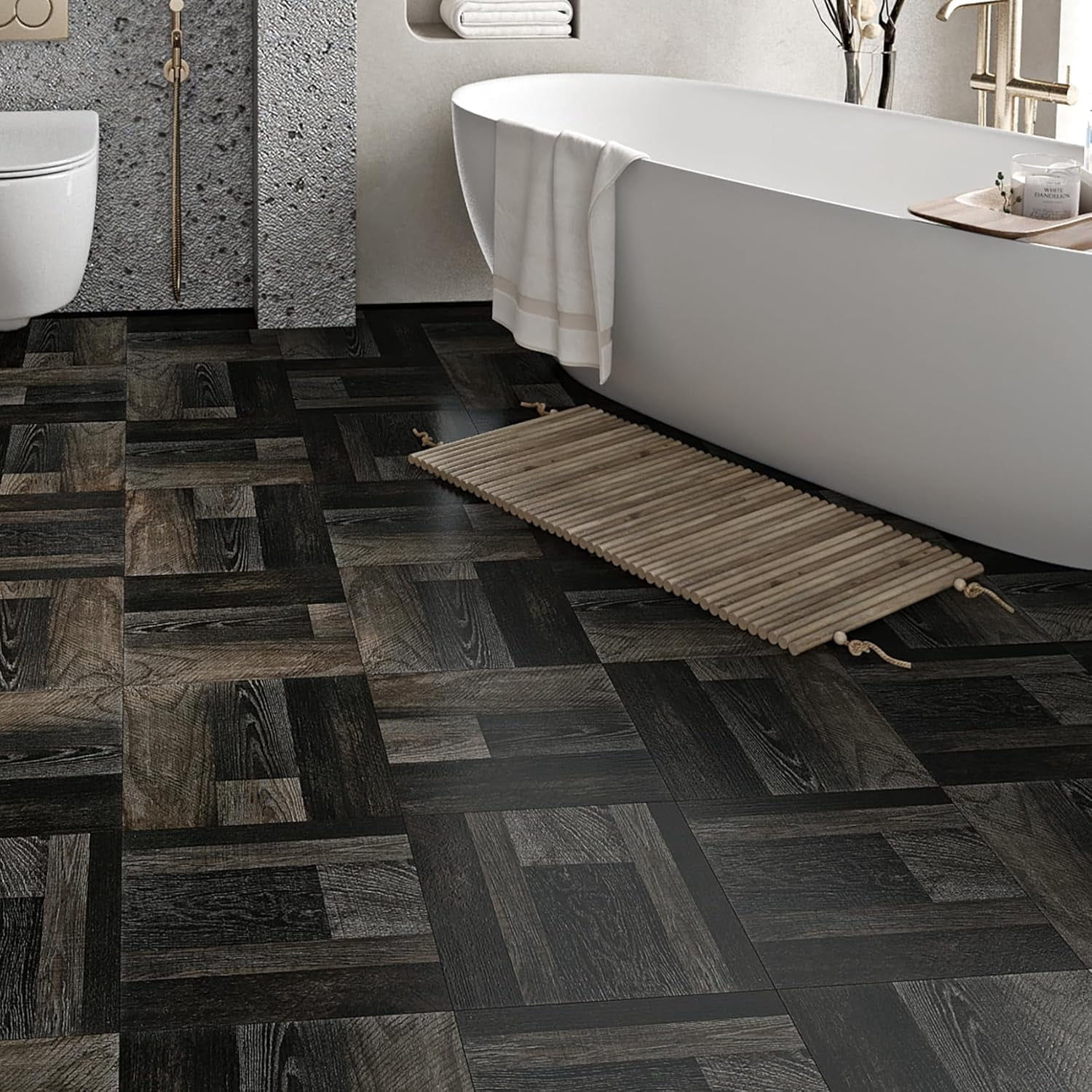 Retro Black Peel and Stick Floor Tile 12x12 4-Tiles Luxury Vinyl Plank Flooring Waterproof Kitchen Floor Tiles Self Adhesive Laminate Square Vinyl Sheet Flooring PVC Natural Black Walnut