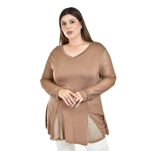 Blusa con detalle de malla Roman Fashion /Tallas Extras, 229 (Cafe) cafe 38