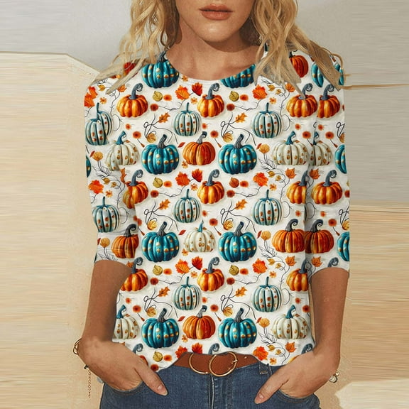 VKOYWKM Halloween Pumpkin Tops for Women 3/4 Sleeve Tops Spooky Graphic Tees Crew Neck Loose Fit Holiday Party Tops Three Quarter Length Blouses