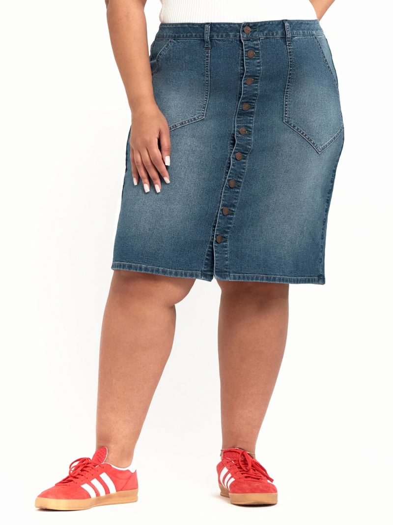 A3 Denim women's Plus Size Midi Skirt - Angled Patch Pockets
