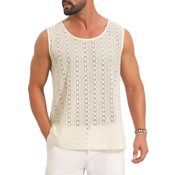 INSPIRE CHIC Men's See Through Lightweight Breathable Crew Neck Sleeveless Sheer Tank Top M Light Beige