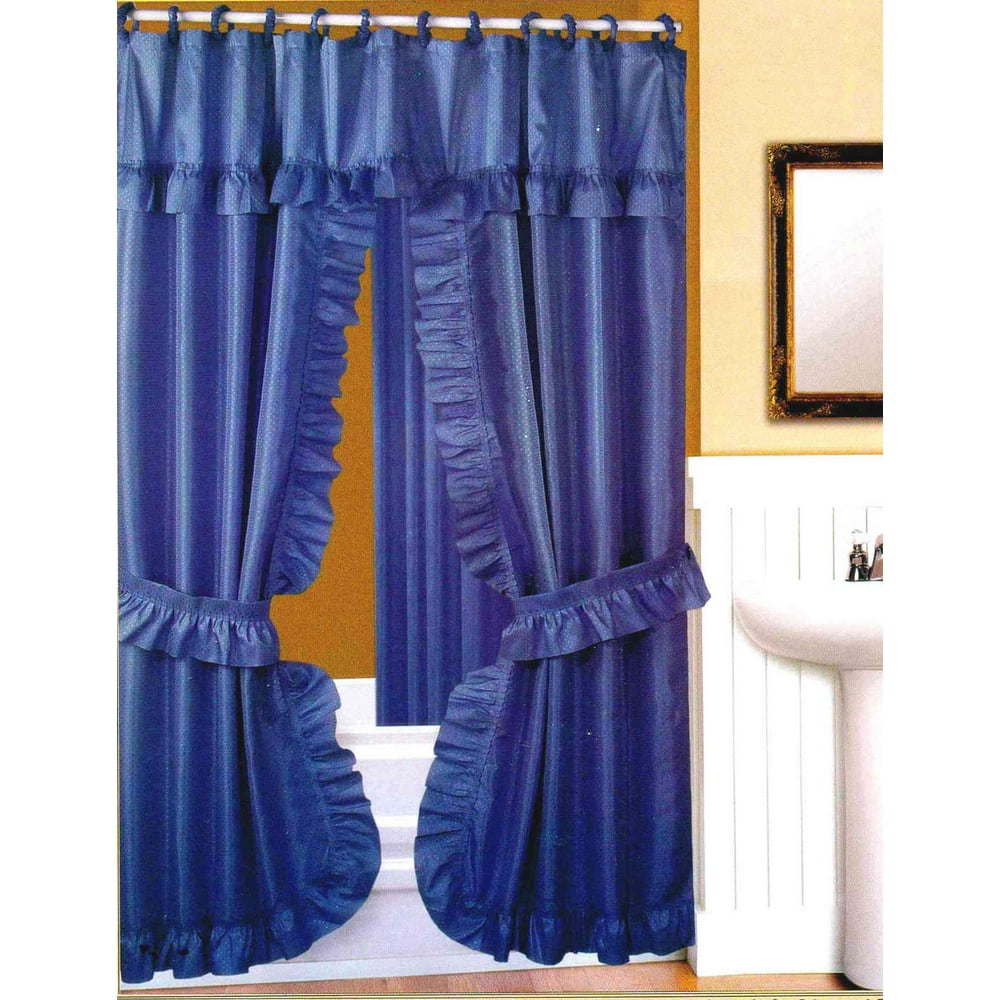 DOUBLE SWAG FABRIC SHOWER CURTAIN, VINYL LINER, SHOWER RINGS, DOBBY DOT