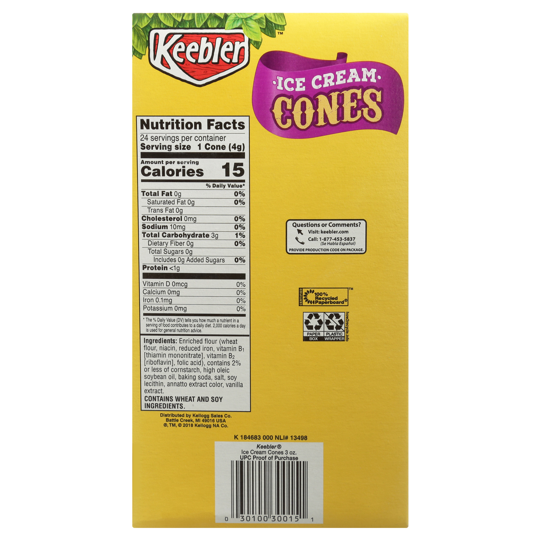 Keebler Sugar Free Crispy Ice Cream Cones, 3 oz, 24 Count