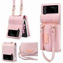 for Samsung Galaxy Z Flip 4 Wallet Case, Crossbody Purse with Credit Card Slot Holder PU Leather Adjustable Detachable Shoulder Strap Case Cover for Women for Samsung Galaxy Z Flip 4 5G, Pink