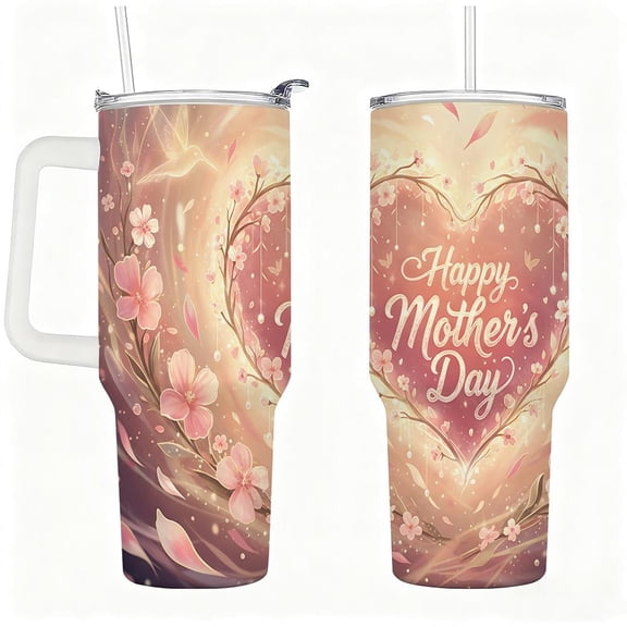 Stainless Steel Insulated Tumbler with Lid and Straw, Floral Heart Blossom Design, Double-Wall Hot & Cold Travel Cup, Mother’s Day Gift