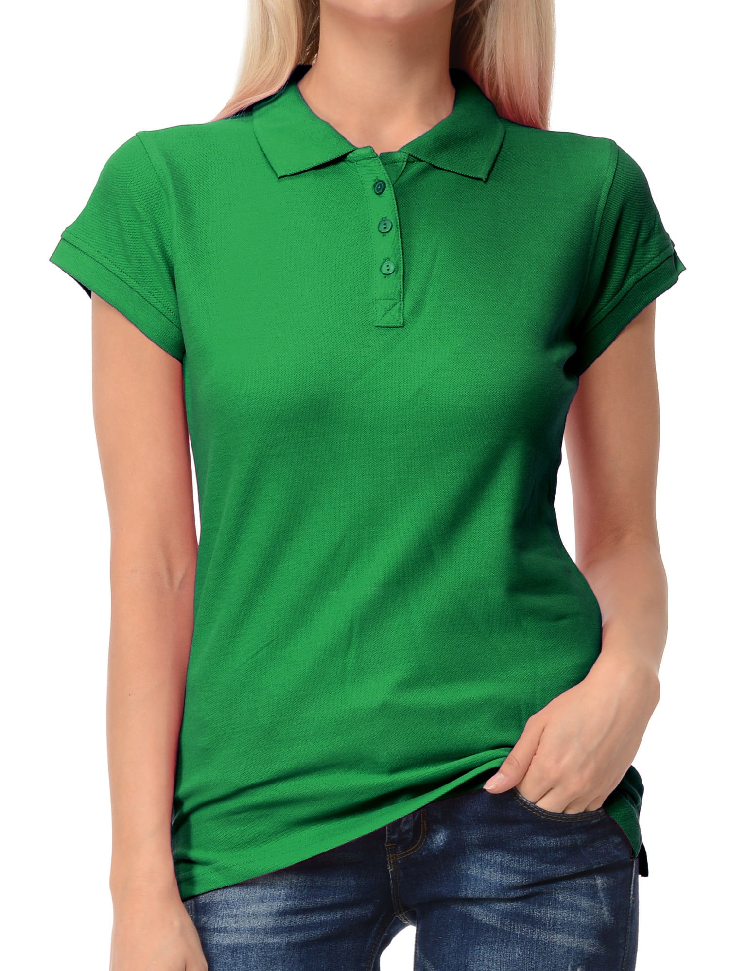 Basico - Basico Kelly Green Polo Collared Shirts For Women 100% Cotton 