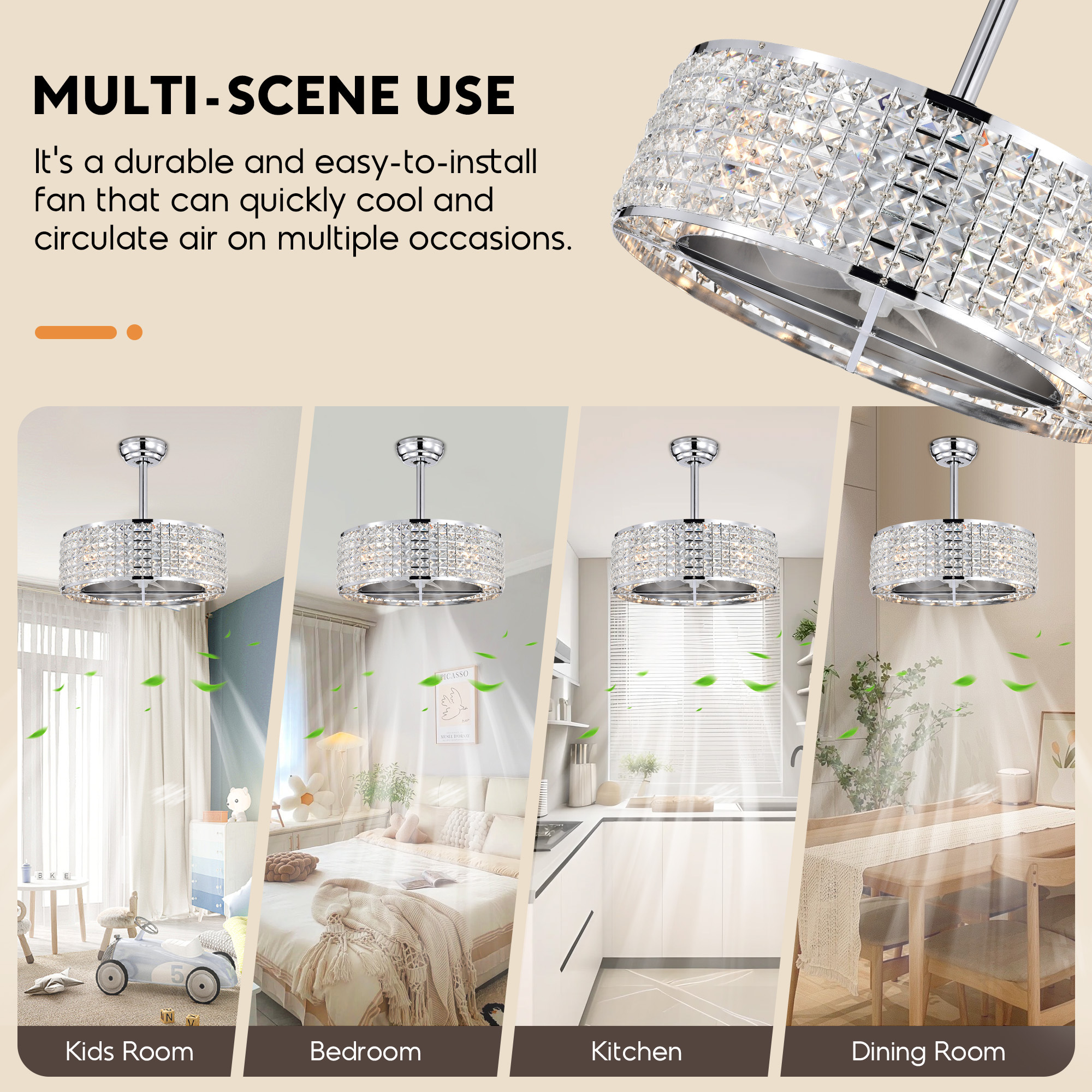 Aukfa Ceiling Fan with Light and Remote, 20" Low Profile Ceiling Fan for Living Room,Bedroom,Crystal