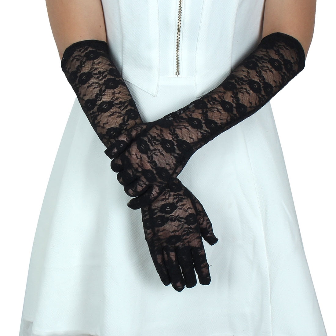 Black Lace Floral Sheer Stretch Gloves Elbow Bridal Prom Wedding Formal Costume 