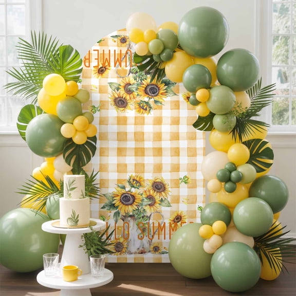 Hello Summer Arch Backdrop Cover, 5FT, Watercolor Sunflowers Yellow Plaid Spandex Arch Covers Double-Sided Backdrop for Wedding Birthday Party Photo Background Decoration