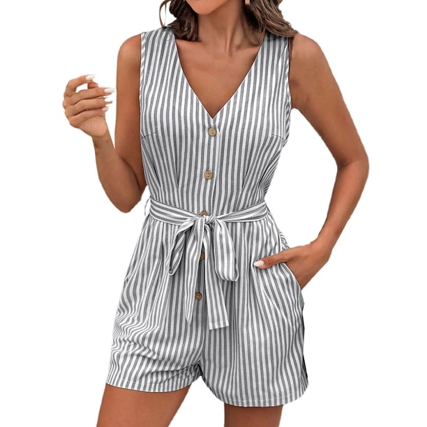 Mono sin mangas con cuello en V y cinturón para atar en la cintura para mujer - Mono informal para vacaciones - Conjunto de rayas para primavera y verano - Tallas S-XL