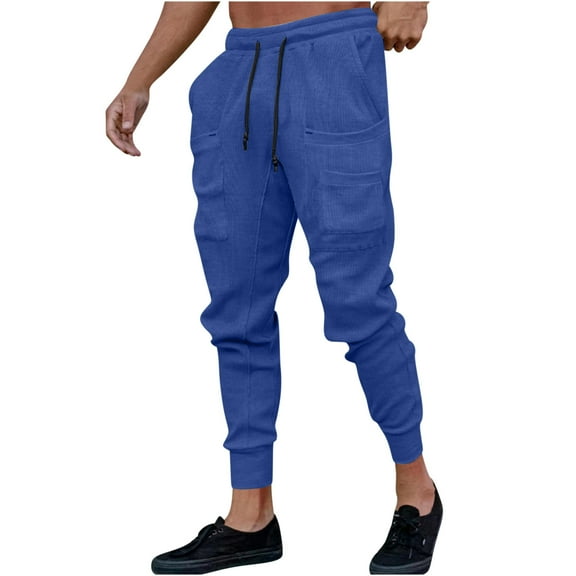 IROINNID Men's Cargo Pants Solid Color Sport Loose Pleated Small Legs Drawstring Solid Color Full Length Pants,Blue