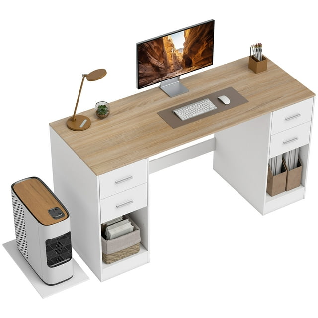HOMCOM Bureau d'Ordinateur avec 4 Tiroirs Réversibles, Bureau de 55 Pouces, Blanc