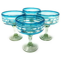 Mexican Hand Blown Glass – Set of 4 Hand Blown Margarita Glasses (16 oz) with Aqua Spiral Design