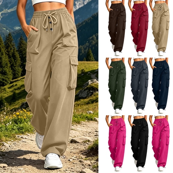Womens High Waisted Cargo Pants Loose Fit Straight Leg Y2K Parachute Pants with Pockets for Hiking Streetwear Summer Fall,Beige,L