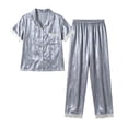 thumbnail image 2 of Neewe Women 2 Piece Plain Satin Lounge Long Sleeve Button Down Shirts and Wide Leg Pants Sets Sleepwear, 2 of 5