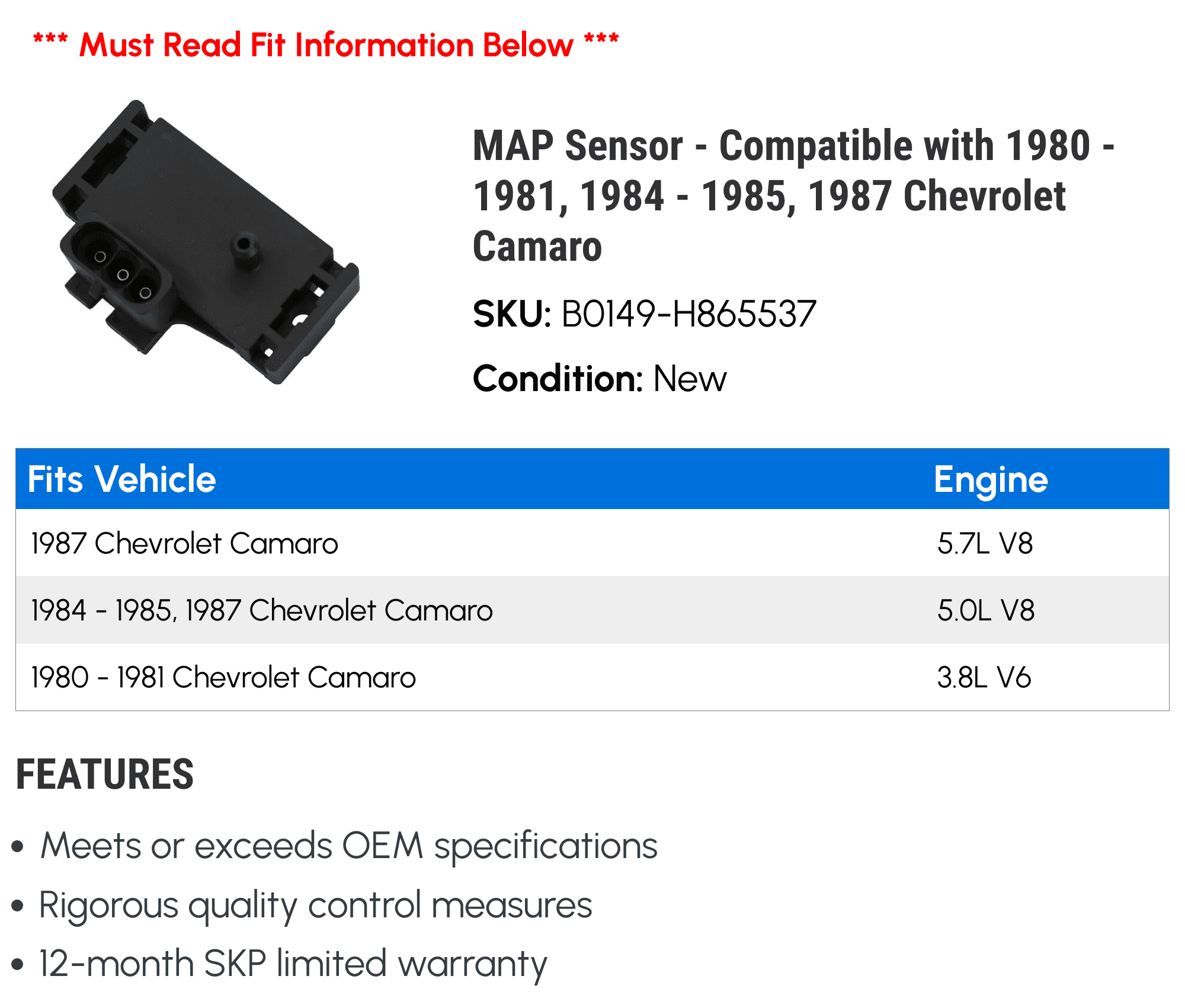 MAP Sensor - Compatible with 1980 - 1981, 1984 - 1985, 1987 Chevy Camaro
