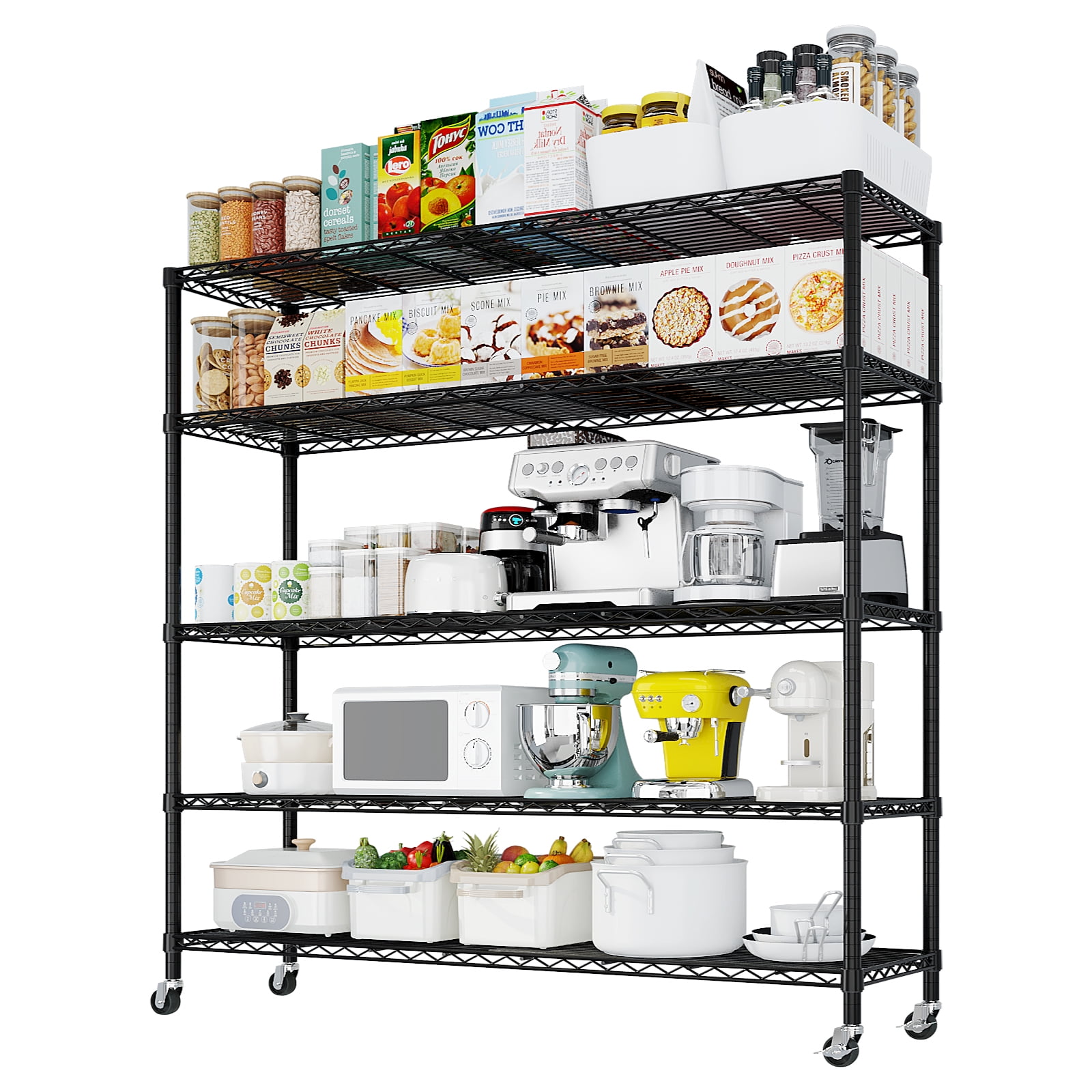 5-Tier Ultra Wide Steel Wire Storage Shelf Carbon Steel Adjustable Height Utility Organizer with Leveling Feet for Home Restaurant Hotel Commercial Use