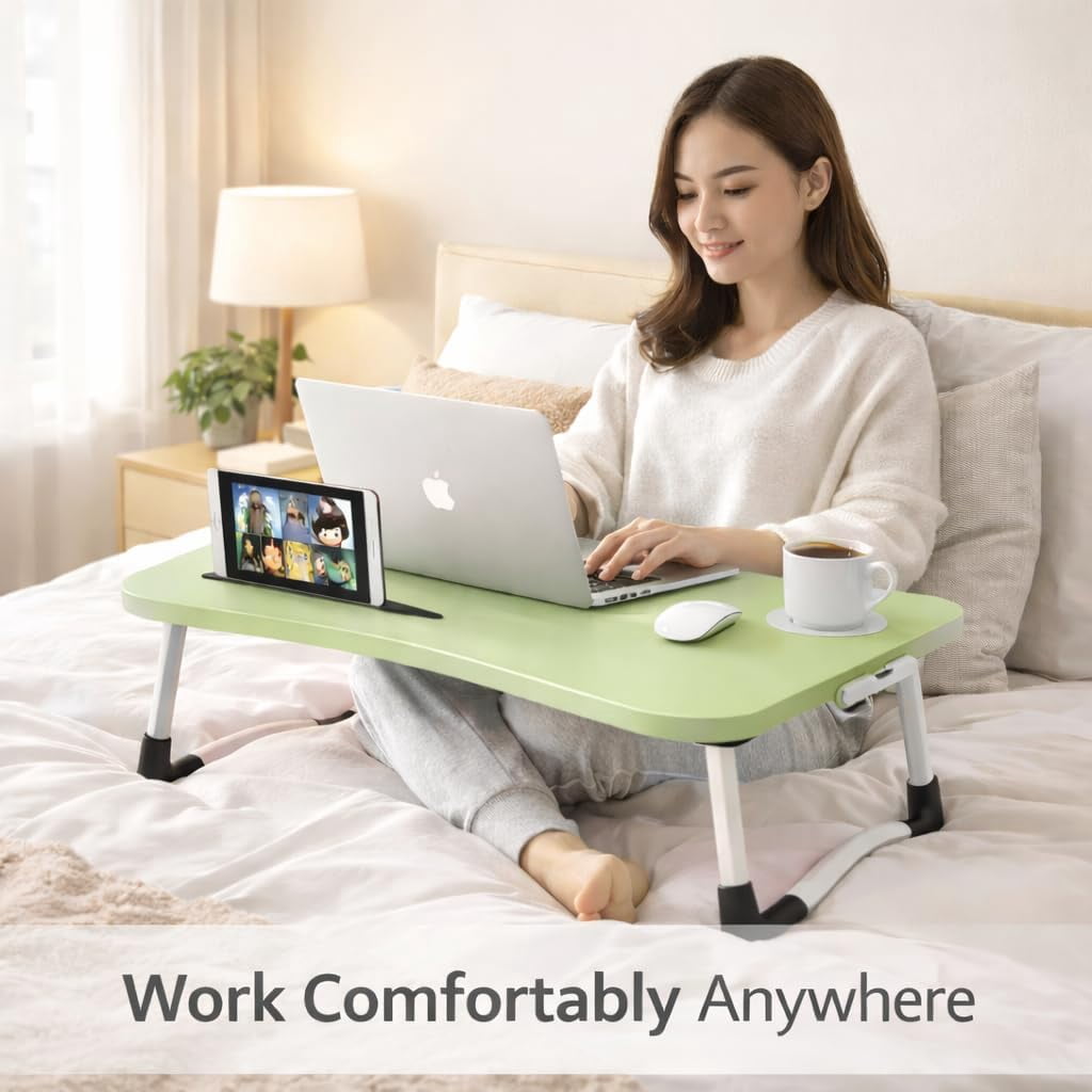 WSA Foldable Lap Desk with Drawer & Cup Holder, 23.6” Portable Laptop Bed Tray Table with Tablet Slot, Non-Slip Laptop Desk for Bed Couch Sofa, Working Writing Eating Breakfast (Green)