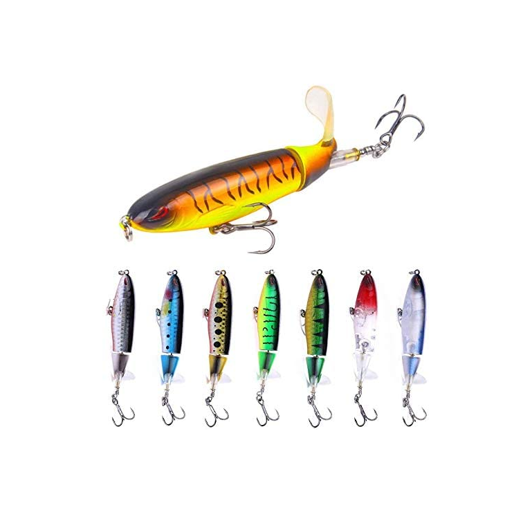 2x Topwater Fishing Lures Rotate Tail Whopper Popper Hard Bait Gray/Yellow 
