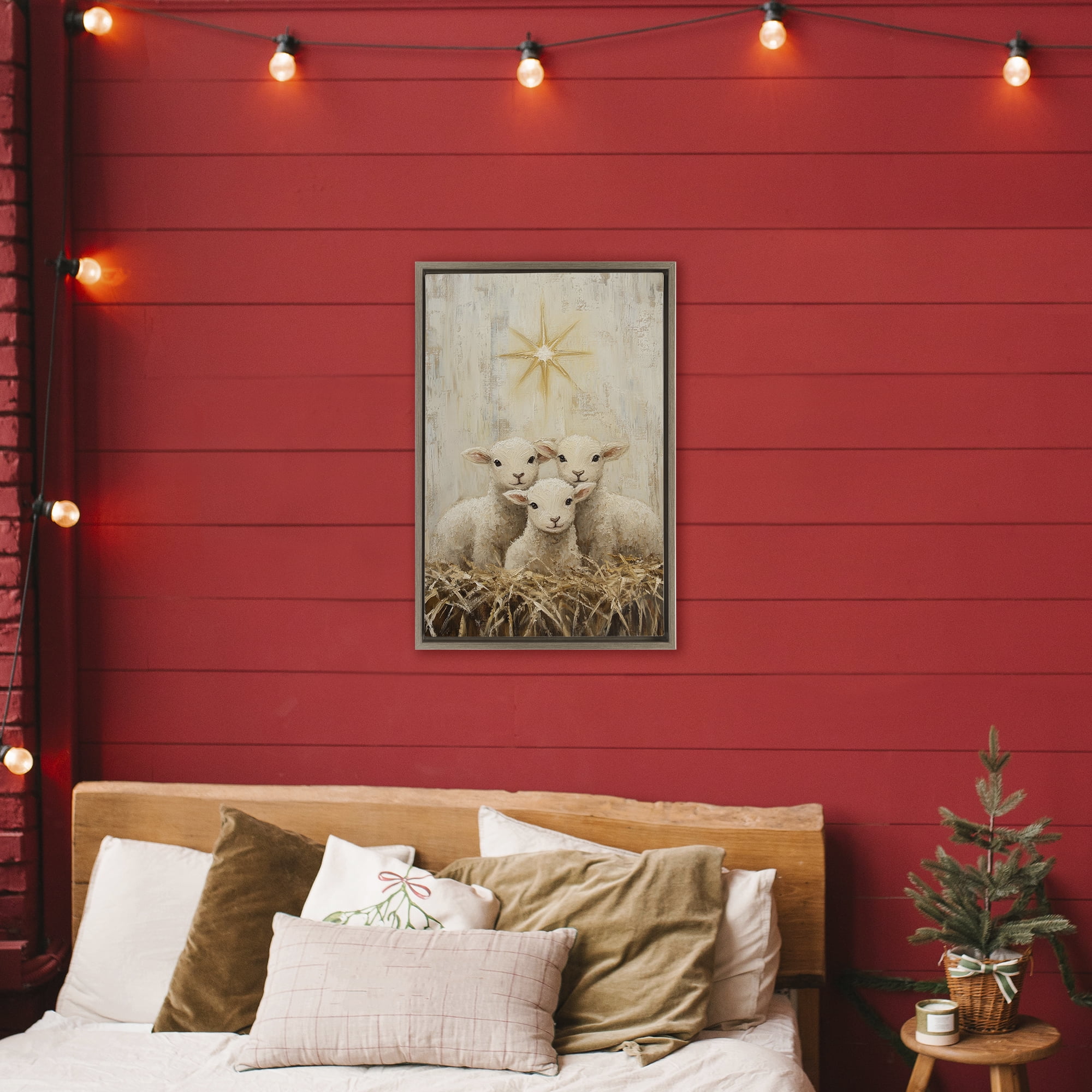 Christmas Lambs Trio Brown Framed Floater Canvas Wall Art, design by Petal Prints Design