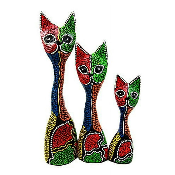 Balikraft Hand Made Wood Artisans "Kucing Bayang" Abstact Multicolored Dots Feline Cats Family Set of 3 Decorative Figurines 9.5"H