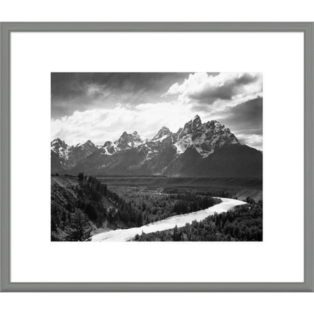 Global Gallery Ansel Adams 'View from river valley towards snow covered mountains, river in foreground, Grand Teton National Park, Wyoming , 1941' Framed Wall
