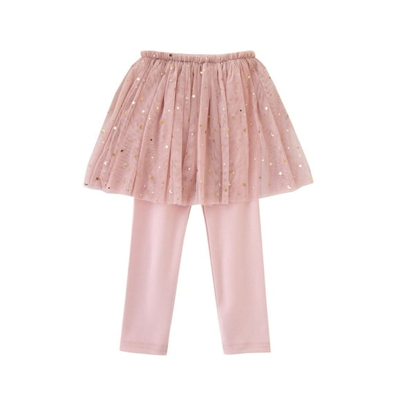 Lenpel Girls' Leggings with Mesh Skirts High Waisted Slim Ruffle Sparkly Skirted Pants Toddler Footless Tights 2-10 Y(Pink,9-10 Years)