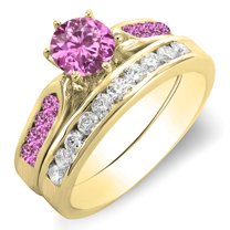 Dazzlingrock Collection 14K Round Pink Sapphire & White Diamond Ladies Bridal Engagement Ring Set, Yellow Gold, Size 8