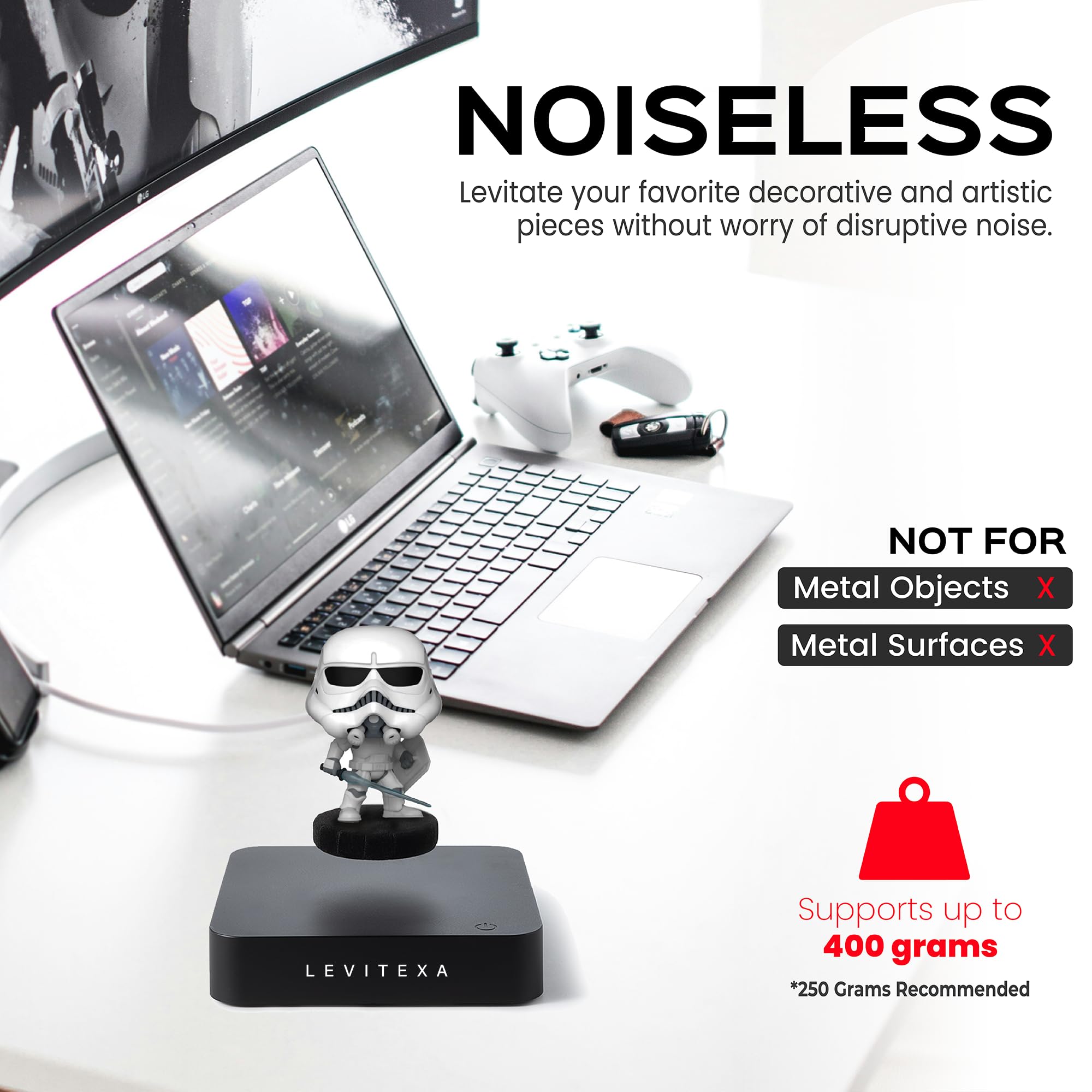 LEVITEXA Nimbus Affichage en lévitation - Affichage flottant, Support d' affichage en lévitation, Décor en lévitation, Affichage magnétique, Lévitation magnétique pour figures et jouets Base carrée