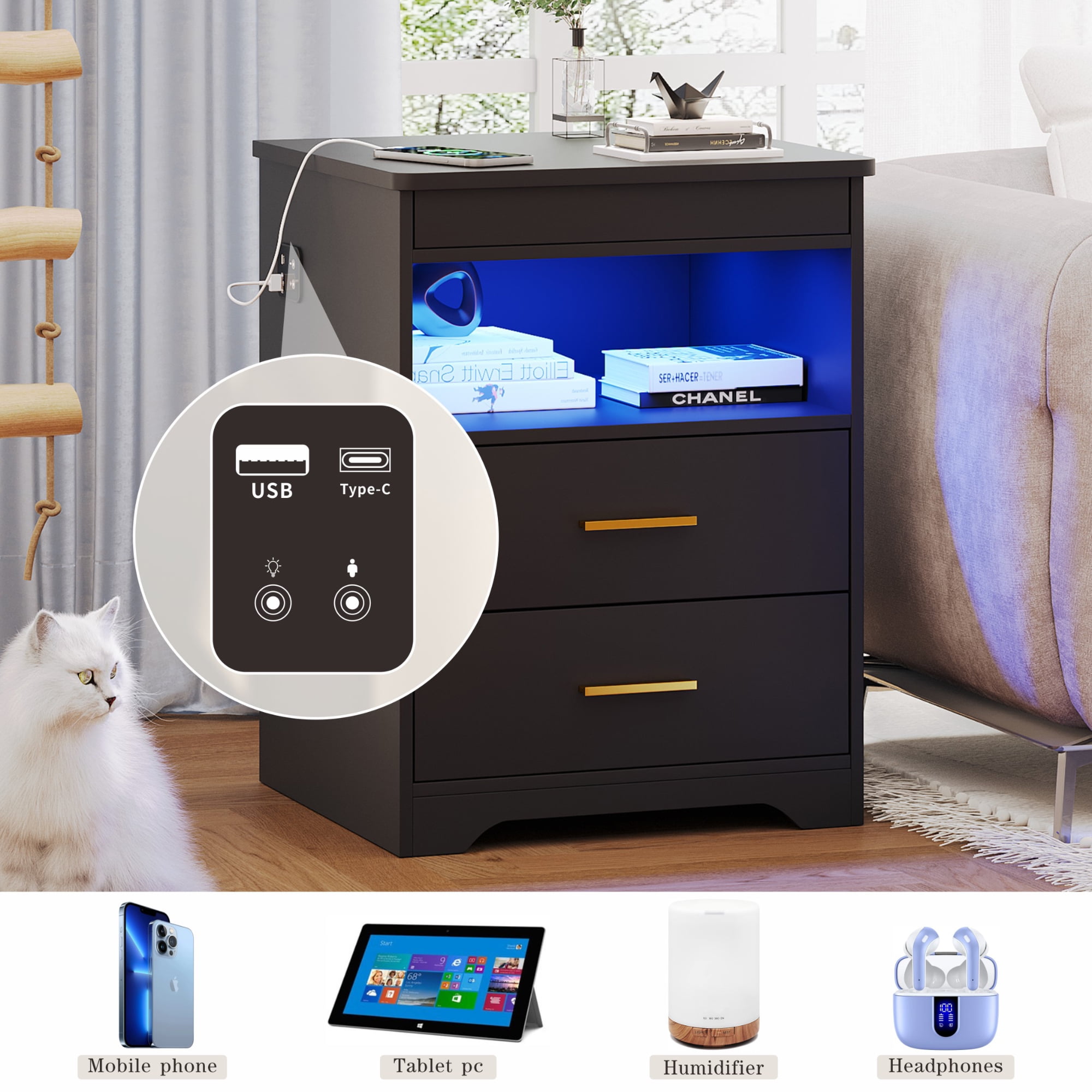 VKCC Rustic Wooden Nightstand with Charging Station, 2 Drawers Bedside Table with LED Lights, Small Cabinet for Bedroom Living Room, Black