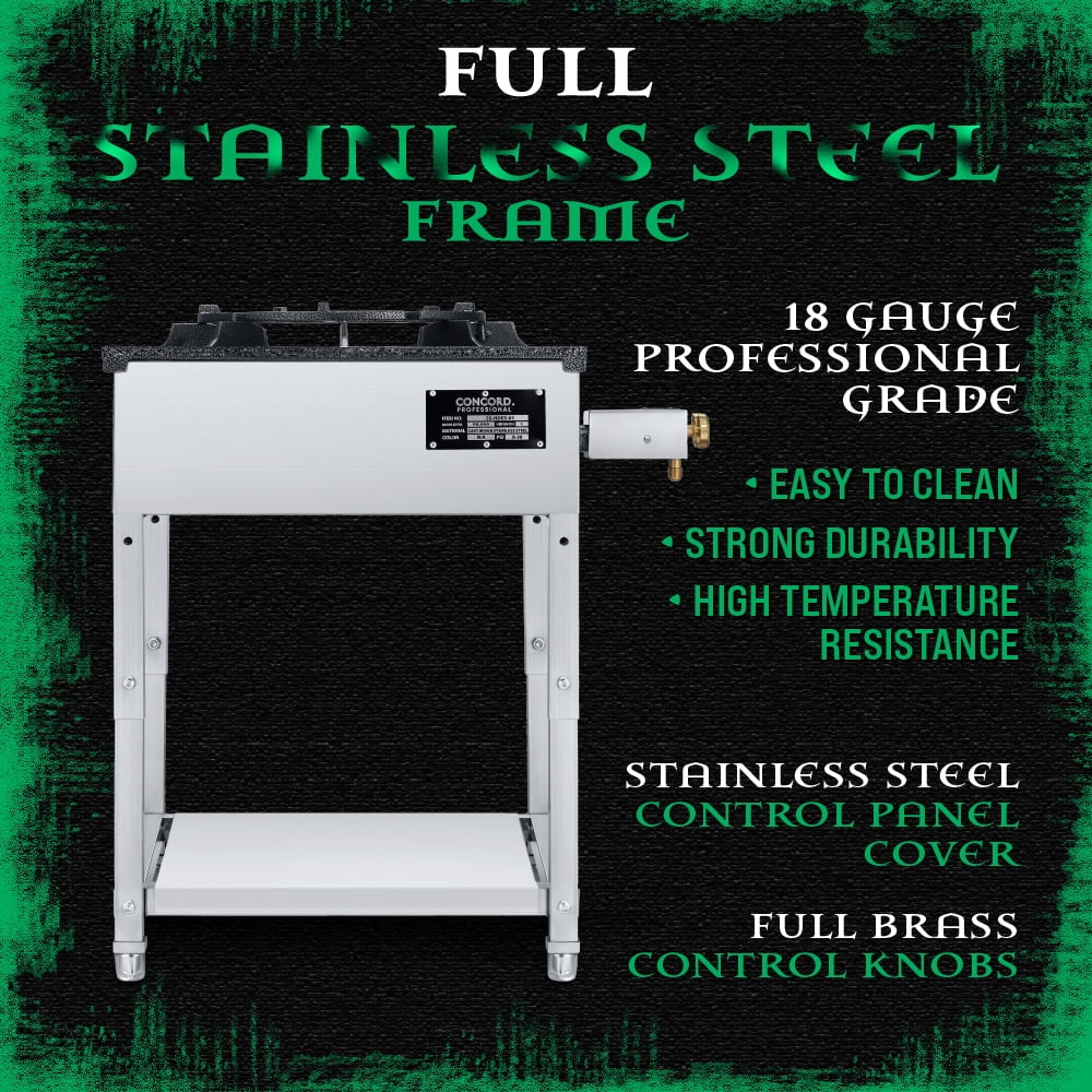 Concord Professional HADES Stainless Steel Commercial Stove. Dual-Controlled Burner Head with Solid Cast Iron Range Top.