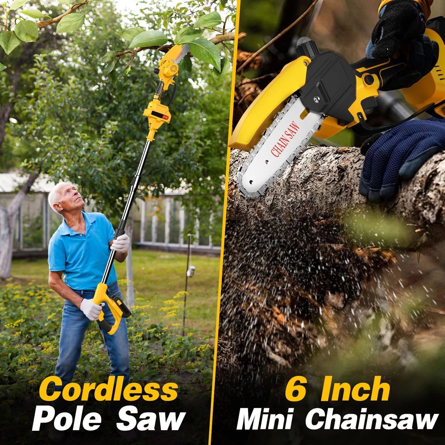 Cordless Pole Saw and Mini Chainsaw, 2-IN-1 Pole Chainsaw,Brushless Electric Pole Saw Battery Powered 4in/6in Chainsaw, 59 Inch Max Reach Tree Trimmer Pole Saw, Yellow