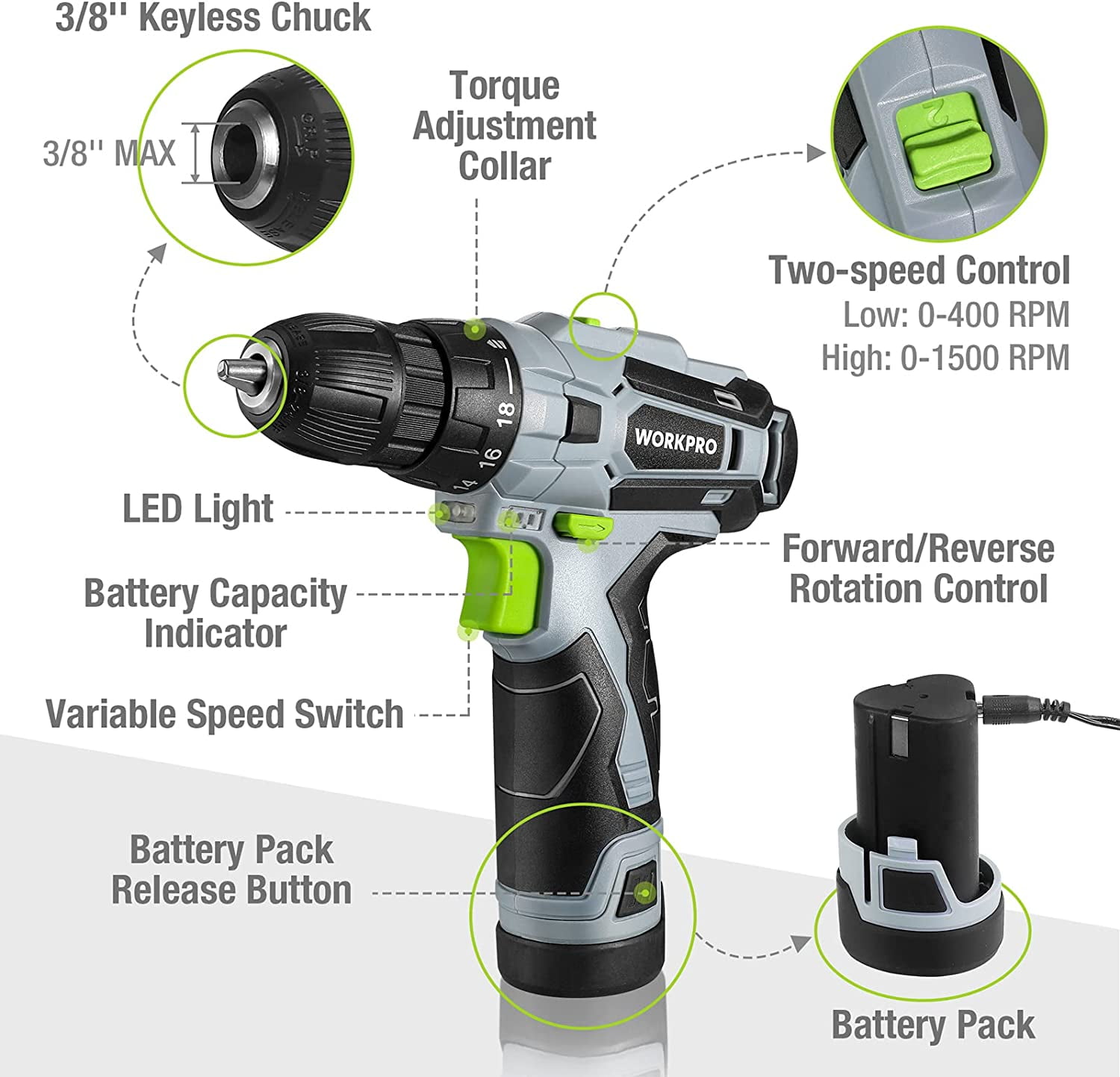 WORKPRO 12V Cordless Drill Driver Kit, Power Tool Kit for Home, 61-Piece Hand Tool Set, 14-inch Storage Bag, 1.5Ah Lithium-ion Battery & Charger included
