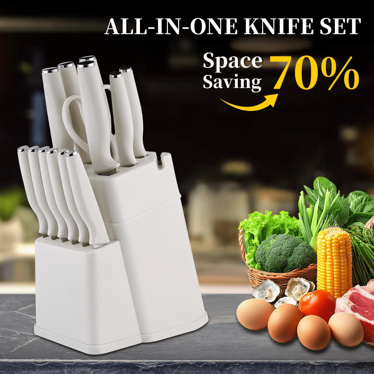 Jozram 15-Piece Kitchen Knife Block Set, Dishwasher Safe Stainless Steel Cutlery, beige