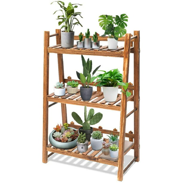 Outdoor Plant Ladder Flower Pot Shelf, 3 Tier Wooden Plant Stand Outdoor