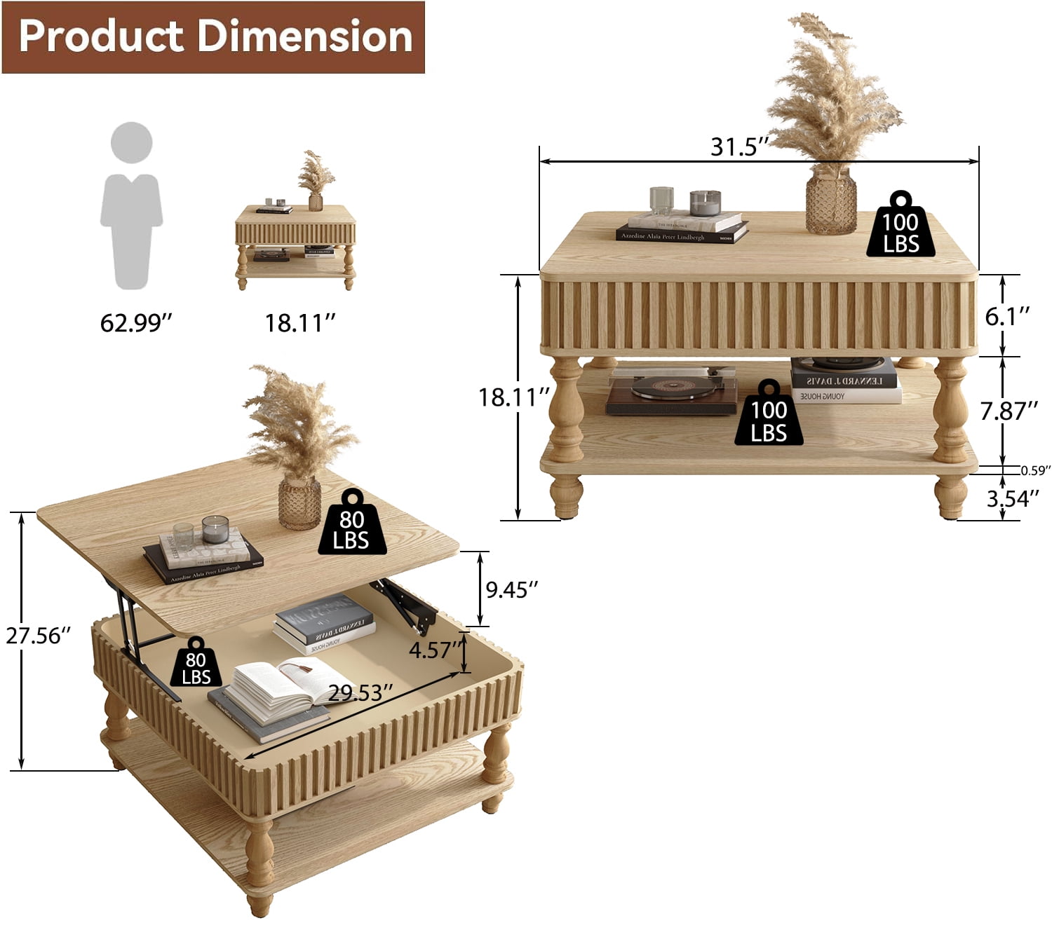 31.5" Square Lift Top Coffee Table with Hidden Storage, Hydraulic Rising Wood Center Table with Open Shelf, Fluted Design, Tool-Free Assembly for Living Room, NaturalWood