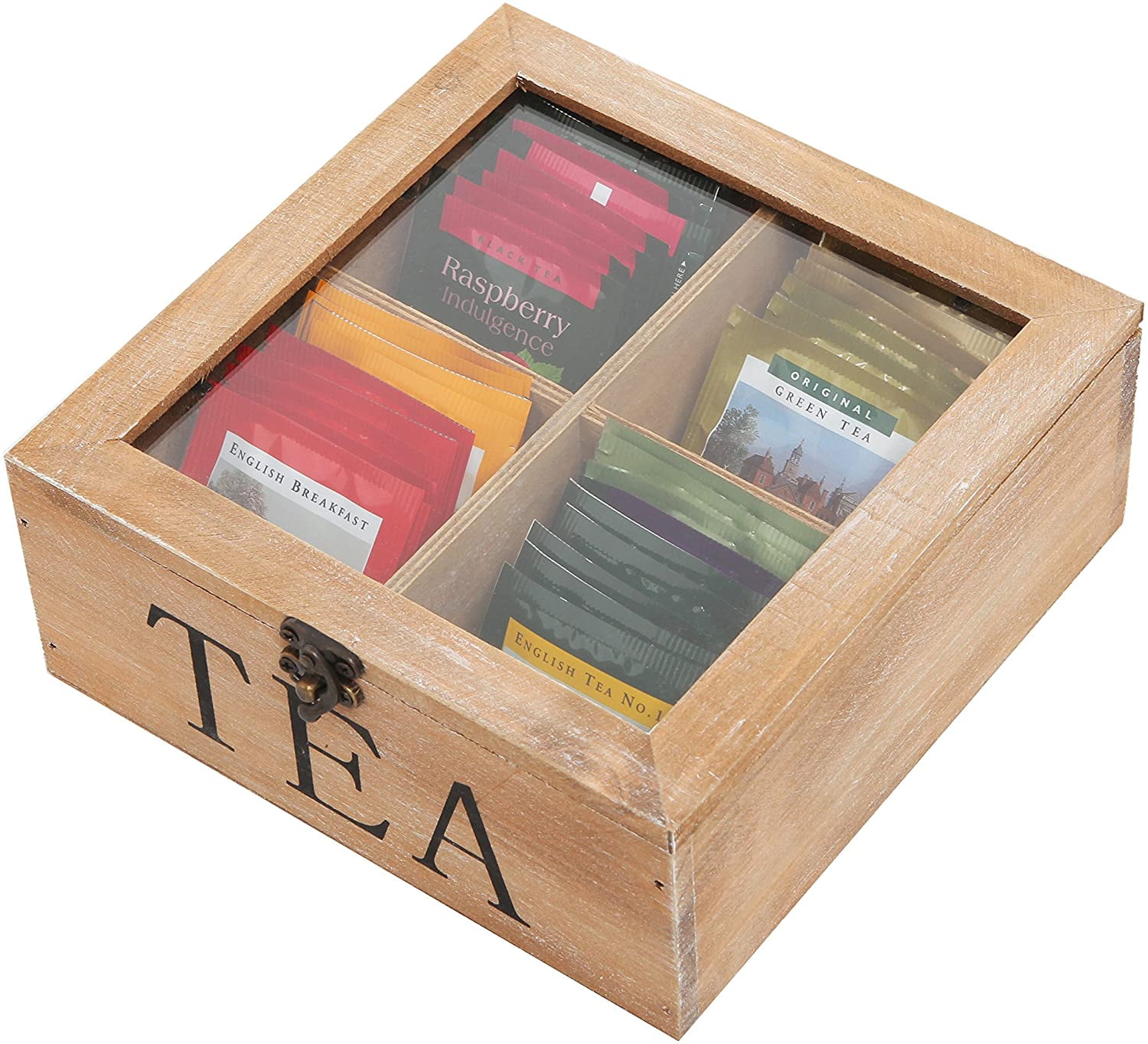 MyGift Natural Wood 4 Compartment Tea Bag Storage Chest box with Clear