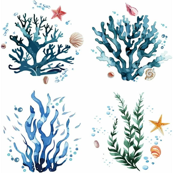 4 Styles Coral Window Sticker Summer Seaweed Ocean Marine Themed Glass Window Decals Under The Sea Waterproof Removable Clings for Sliding Door Prevent Birds Strikes Room Decor 6.3x6.3 DIY