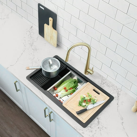 Stylish Dual Mount 32" Black Composite Granite Single-Bowl Kitchen Sink with 4 Accessories S-832WN