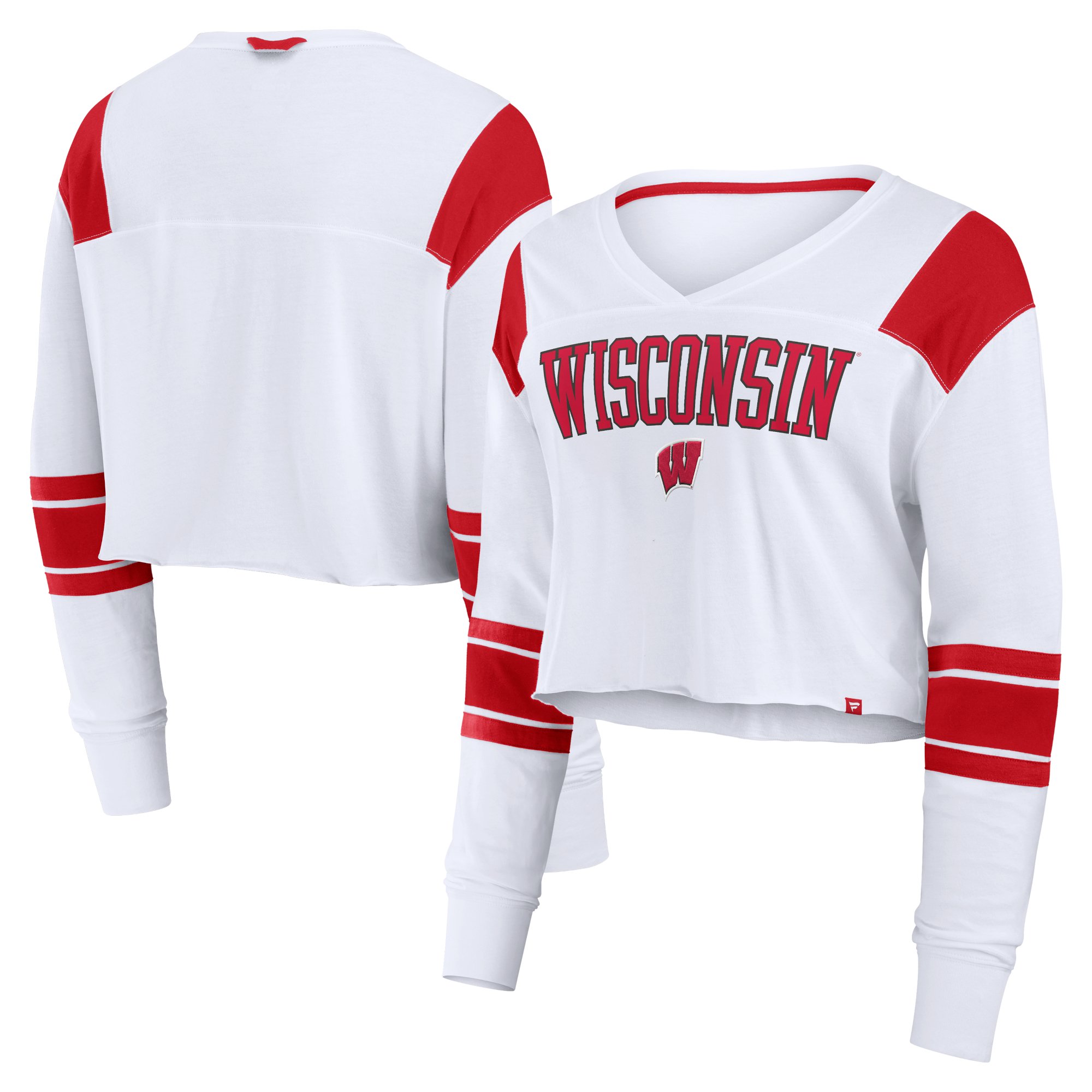 Women's Fanatics White Wisconsin Badgers Training Camp Cropped Long Sleeve V-Neck Fashion Top