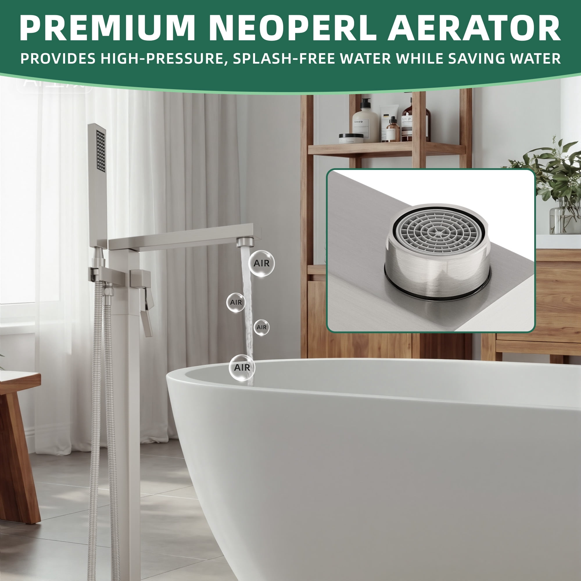Free Standing Tub Faucet, 360°Swivel High Flow Freestanding Bathtub Faucet with Handheld Shower, Brass Body Tub Filler for Modern Bathroom, Brushed Nickel